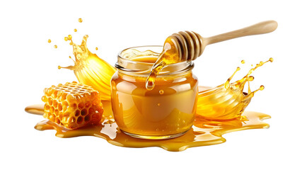 honey splash in a jar and a wooden spoon