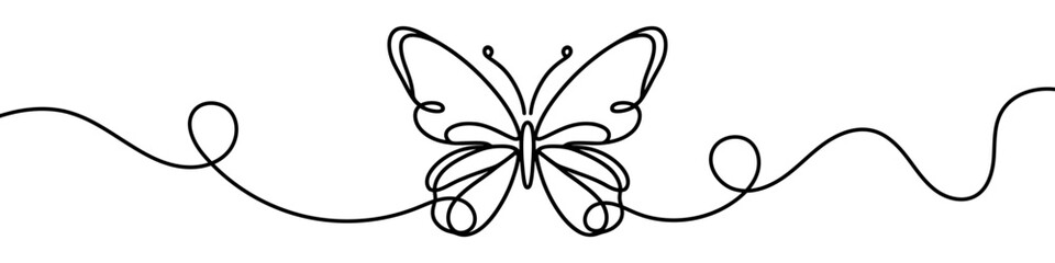 One continuous line illustration of a butterfly, isolated on white background. Line art of a butterfly.