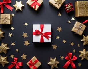 Festively wrapped presents with red bows and golden stars on a dark backdrop create a joyful...