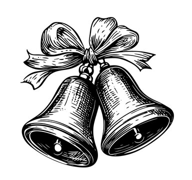 classic christmas bells with bow in hand-drawn style &ndash; black vector