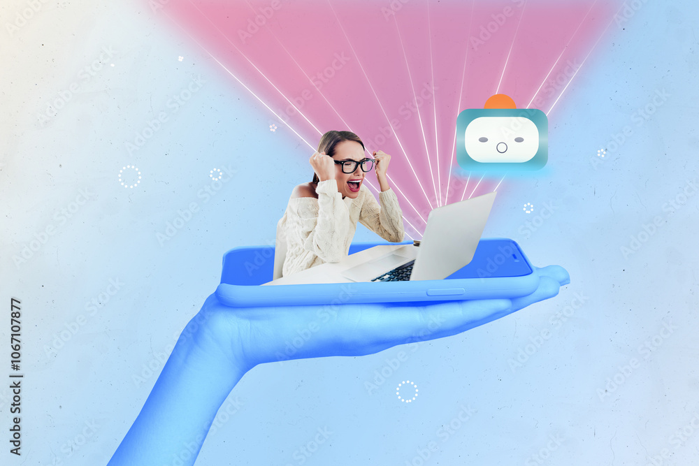 Poster composite trend artwork 3d sketch image collage of ai app artificial assistant bot data robot head a