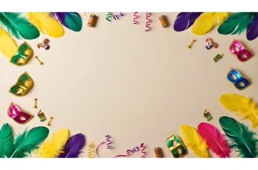 Vibrant Brazilian Carnival Flat Lay with Colorful Decorations in Corners