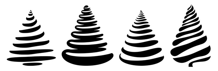 stylized Christmas tree designs with swirls, perfect for modern holiday artwork black vector