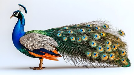 Stunning close-up portrait of a majestic peacock displaying its vibrant,colorful plumage and elegant,fanned tail feathers against a clean white background.