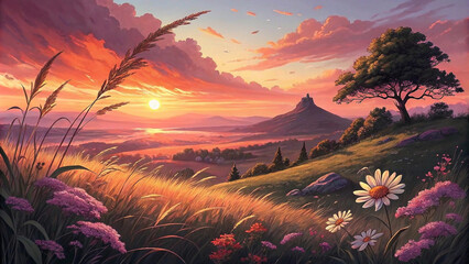 Peaceful autumn scene with a winding path and colorful trees. Warm, autumnal landscape with a beautiful sunset.