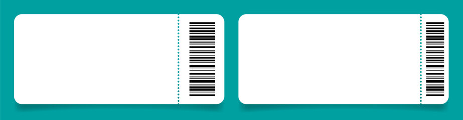 Fototapeta premium Large white ticket mockups with rounded edges, bar codes and shadows. Empty template. Concert, movie or theater ticket. Boarding blank, lottery, sale coupon 