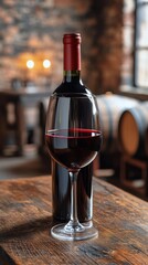 A bottle of red wine and glass on a rustic wooden table in an old wine cellar