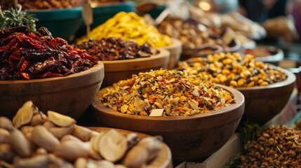 Assortment of Dried Spices and Herbs in Wooden Bowls at a Market