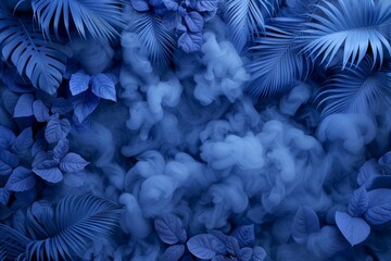 Moody blue tropical foliage with soft mist and dramatic lighting effects.