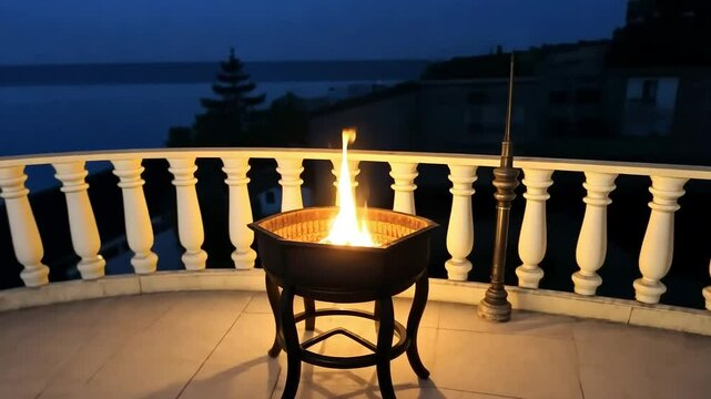 Flames dance in a chiminea on a terrace, creating a warm ambiance while overlooking the serene sea at twilight. The cozy setting invites relaxation and romance under the evening sky