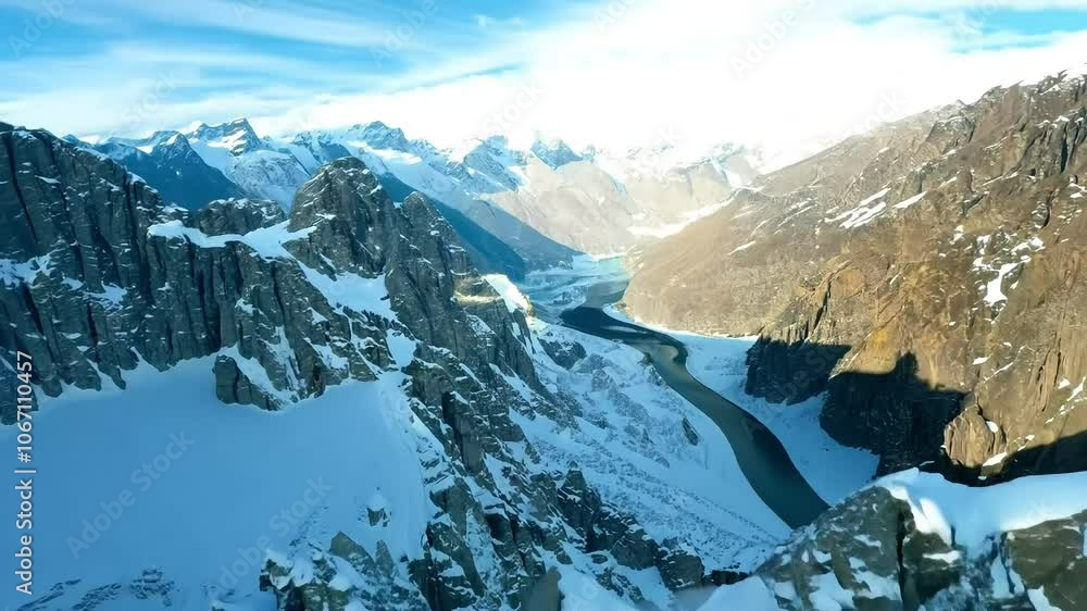 Aufkleber camera panning over a vast and desolate snowy mountain range with a river flowing through it. the su