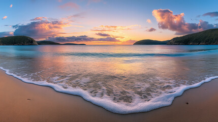 Sunset Beach with Pink Clouds and Calm Waves