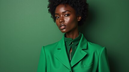Obraz premium Bold in Green: A Fashion Model Radiating Confidence and Sophistication in an Eye-Catching Suit.
