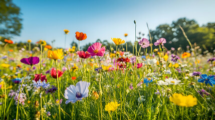 A vibrant meadow filled with wildflowers in full bloom under a clear blue sky.