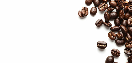 Naklejka premium An attention-grabbing banner featuring coffee beans on the right side of the frame, with space for text in front, on a white background.