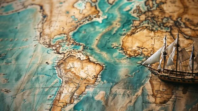 Vintage world map with miniature sailing ship model. Adventure and exploration concept. Nostalgic travel imagery blending cartography and maritime history