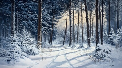 Fototapeta premium Frost-covered forest in winter with snow-laden trees