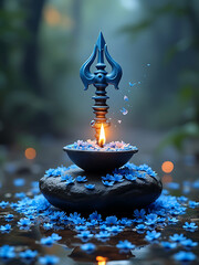 Lord Shiva Shiv lingam with a burning candle and Trishul