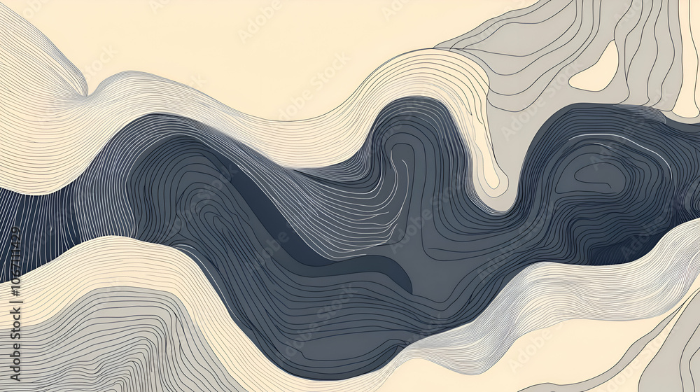 Poster abstract pattern of flowing lines in shades of blue and cream.