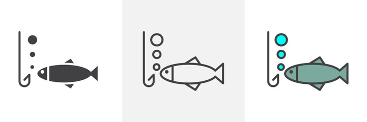 Fishing icon in black and colored style.