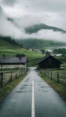 Fototapeta premium a country road with a farm and a house on the left side.