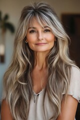 Fototapeta premium A woman with long blonde hair with bangs and bangs