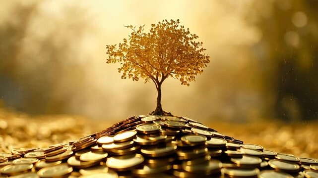 A small tree growing from a pile of gold coins, financial growth and investment, with a soft-focus background
