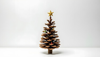 A mini Christmas tree made of pinecones, decorated with tiny ornaments, fully isolated to highlight its rustic and festive details. Perfect for cozy holiday themes and natural decor