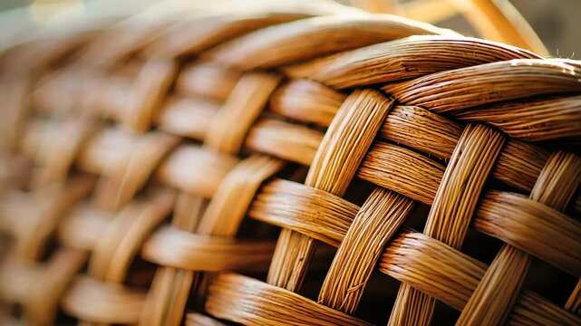 Detailed close-up of a wicker basket with emphasis on texture and fiber pattern with straw slightly disheveled and sticking out of it