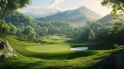 Golf course with lush greenery and mountainous backdrop