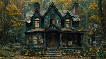 Fototapeta premium An abandoned Victorian house stands in the woods with broken windows, boarded doors, and overgrown vegetation, painted in blue and gray hues.