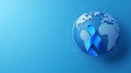 Fototapeta premium Concept of World Diabetes Day , The world is surrounded by a blue ribbon pin , free space on the left side , on blue background , illustration , generative ai