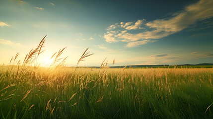 Fototapeta premium Golden sunset over a field of tall grass.