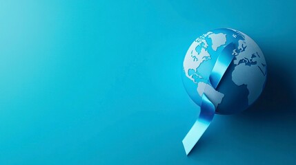 Obraz premium Concept of World Diabetes Day , The world is surrounded by a blue ribbon pin , free space on the left side , on blue background , illustration , generative ai