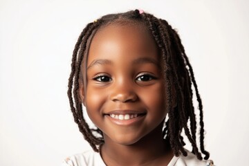 A young African girl bright smile stands out against a white background, highlighting her natural beauty and pure innocence in this charming portrait.