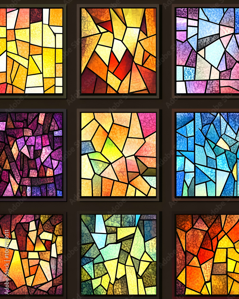 Poster nine colorful stained glass windows with geometric patterns.
