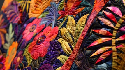 Close-Up of a Vibrant Quilted Floral Design: A Tapestry of Color and Texture