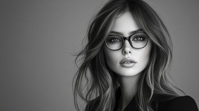 A striking portrait of a stylish woman wearing glasses. She has long hair and a captivating gaze. This black and white image exudes elegance and confidence. Perfect for fashion and beauty. AI