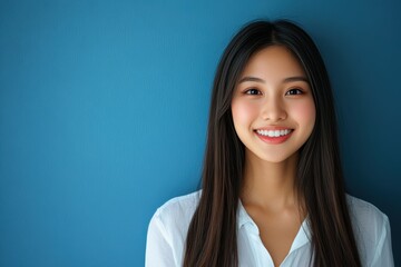 Fototapeta premium Beautiful Asian girl with long dark hair stands smiling warmly in front of a turquoise background. She is wearing a simple white shirt, exuding natural beauty and positivity.