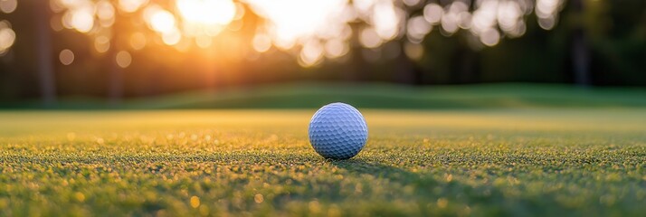 A golf ball sits perfectly on the vibrant green course, illuminated by the golden rays of a setting sun.