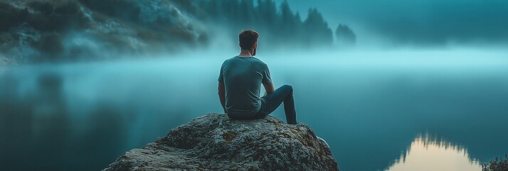 A contemplative figure gazes at a misty, tranquil lake, evoking solitude and introspection in a serene setting.