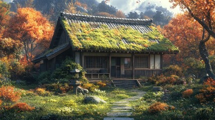 Tranquil Japanese Cottage Nestled in a Verdant Autumn Forest
