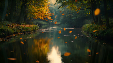 Fototapeta premium Serene autumn forest river with falling leaves.