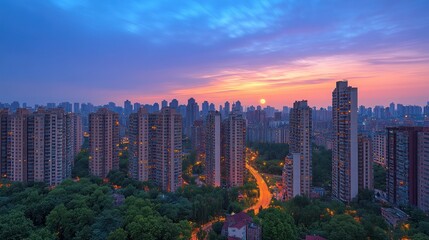 Fototapeta premium An aerial view of a city skyline at sunset with tall buildings and a road winding through the city.