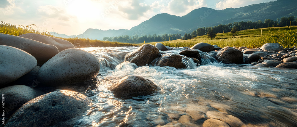 Poster smooth, clear water flowing over rocks in a stream with mountain range in the background.