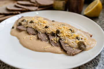 Close-up of vitel tone christmas meal