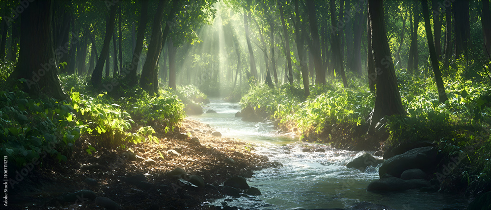 Poster sunbeams illuminate a misty forest path with a river winding through.