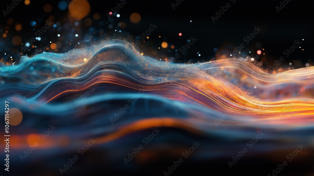 Poster abstract attractive technological background with the movement of a flowing wave of data transfer in