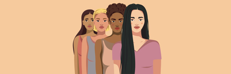 Women's group, girls of different cultures and skin colors. International Women's Day. Space for text. Movements for gender equality and women's empowerment. Vector banner