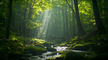 Sunbeams stream through the canopy of a lush green forest, illuminating a babbling brook flowing over mossy rocks.